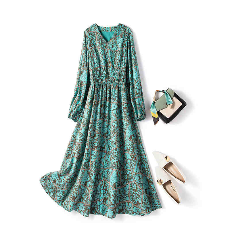 In stock 2022 Spring plus size dress elegant high-grade printed A- line skirt slim V-neck tea break skirt 5628