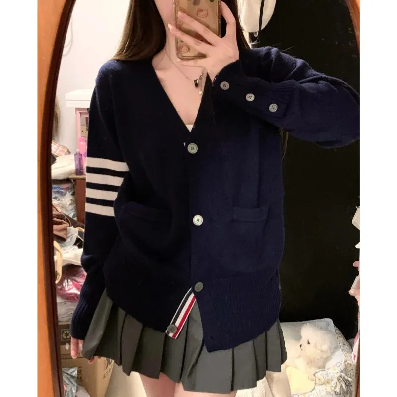 navy blue V-Neck Knitted Cardigan Coat Women's Autumn Korean-style College-style Sweater Slim-fit Inner Base Shirt Top