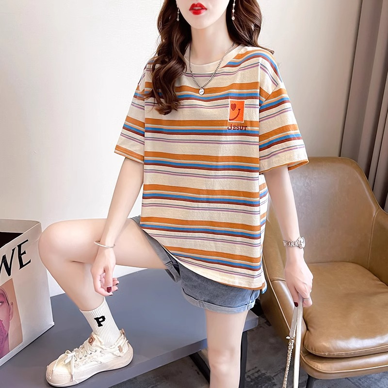 Cross-border [Tmall tremolo quality] cotton back collar ~ Japanese retro striped short sleeve cotton T-shirt direct sales