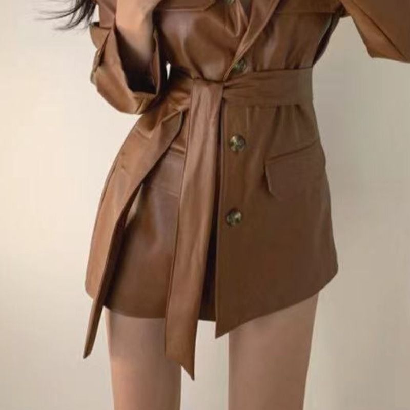 Picture of Korean Chic Niche Versatile Waist Slimming Look Mid-Length Handsome Motorcycle Leather Jacket Women's Autumn and Winter Long-Sleeved Top