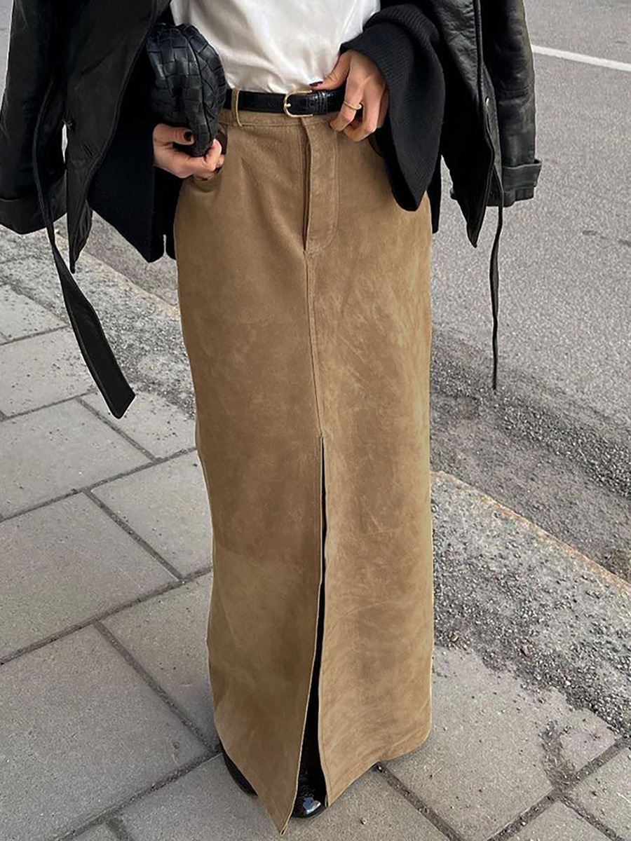 Autumn and Winter Retro Suede Skirt Women's High-End Commuter Khaki Slit Straight Suit Skirt High Waist Long Skirt