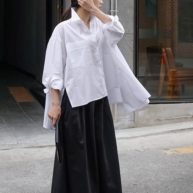 Picture of Spring and Autumn New White Shirt Women's Korean-style Loose Large Size Cape Canopy Long-sleeved Irregular Shirt Fashionable Top