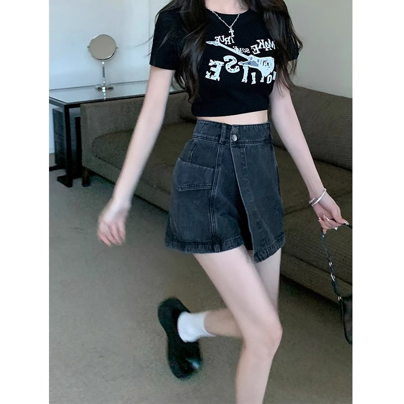 Vintage Denim Skirt Women's Summer Design Sense Niche Hip Skirt High Waist A- line Short Skirt Anti-glare Culottes