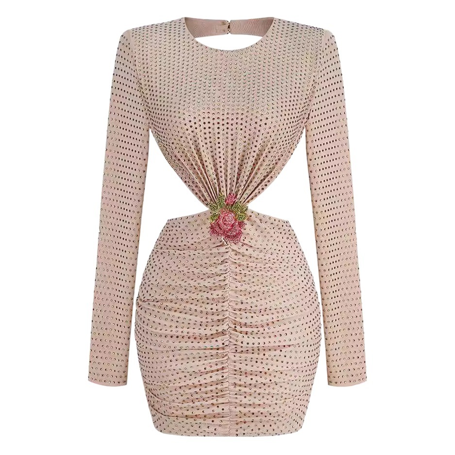2024 French Style Sexy Hot Rhinestone Rose Decorated Slim-Fit Short Dress Elegant Backless Birthday Night Shop Party Gown