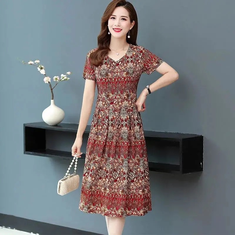 2022 Summer New Large Size Women's Dress Loose Slimming Age-reducing Casual Elegant Short-sleeved Printed Dress