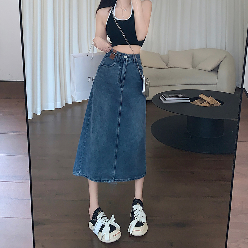 Fashion Design Leather Brand Skirt Women's ins High Waist Mid-length Vintage A- line Hip Covering Split Hip Jeans Skirt
