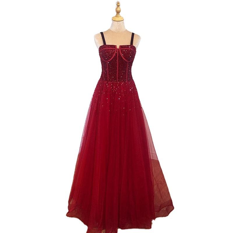 Picture of Autumn and Winter Wine Red Sling Dream Nail Bead Heavy Industry Annual Meeting Host Dress Bride Engagement Toast Dress LA70600