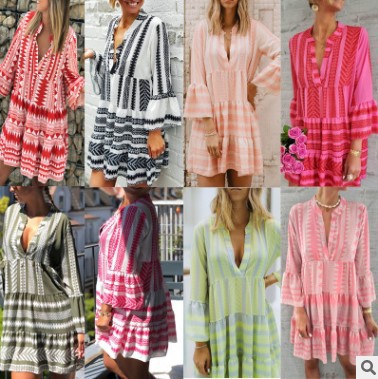 dress Summer 2024 AliExpress New Printed dress Loose European and American Fashion V-neck Chiffon Pleated Skirt