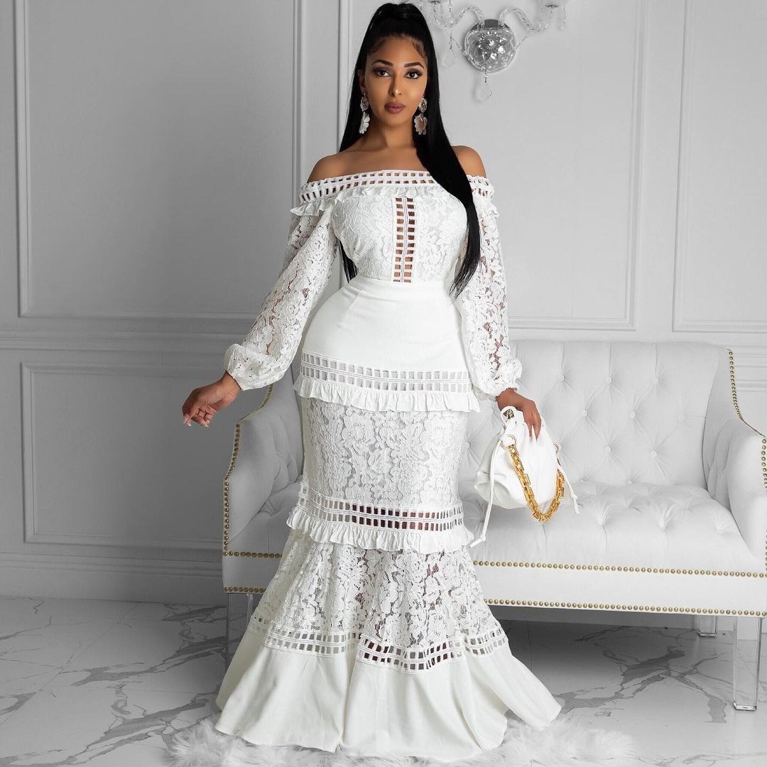 2025 Cross-Border Spring and Summer New European and American Clothing Lace Dress One-Shoulder Lotus Leaf Wedding Dress Evening Dress Banquet Dress