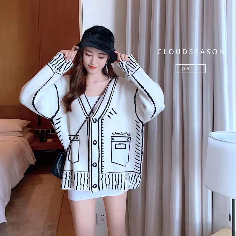 South Korea's Dongdaemun Autumn and Winter New Fashion Graffiti Loose Casual Knitwear Women's Lazy Style Knitwear Cardigan