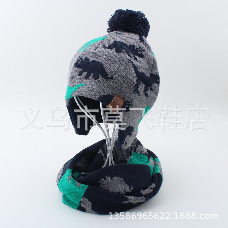 Picture of Children's Hat Autumn and Winter Boys' Ear Protection Hat Comfortable and Warm Dinosaur Pullover Cap Fleece-Lined Wool Hat for Boys and Girls