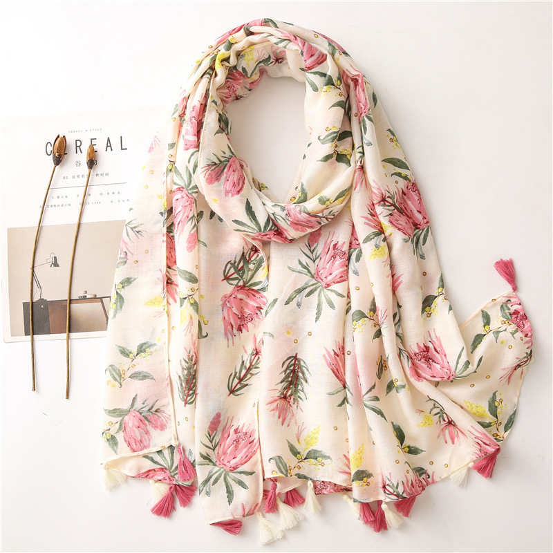 Spring Scarf Women's Retro Fresh Cotton and Linen Hand Scarf Women's Rice Pink Flower Summer Sunscreen Shawl Silk Scarf