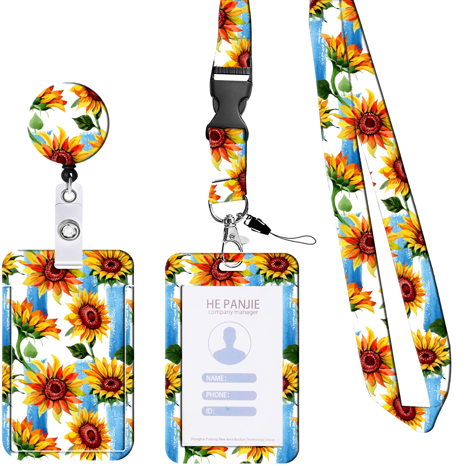 Picture of Amazon Hot Sale Floral Sunflower Sunflower Lanyard Card Case ID Buckle Easy Pull Buckle Telescopic Easy Pull Set