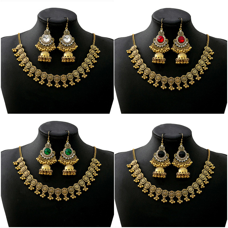 European and American Cross-border Exaggerated Diamond Jewelry suit Retro Bohemian Style Round Earrings Rice Bead Pendant Necklace