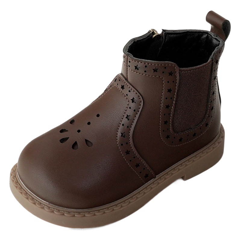 Xshx [Brock Style] Children's Leather Boots 2023 Autumn and Winter New Style Plus Velvet Retro Chelsea Boots for Boys and Girls
