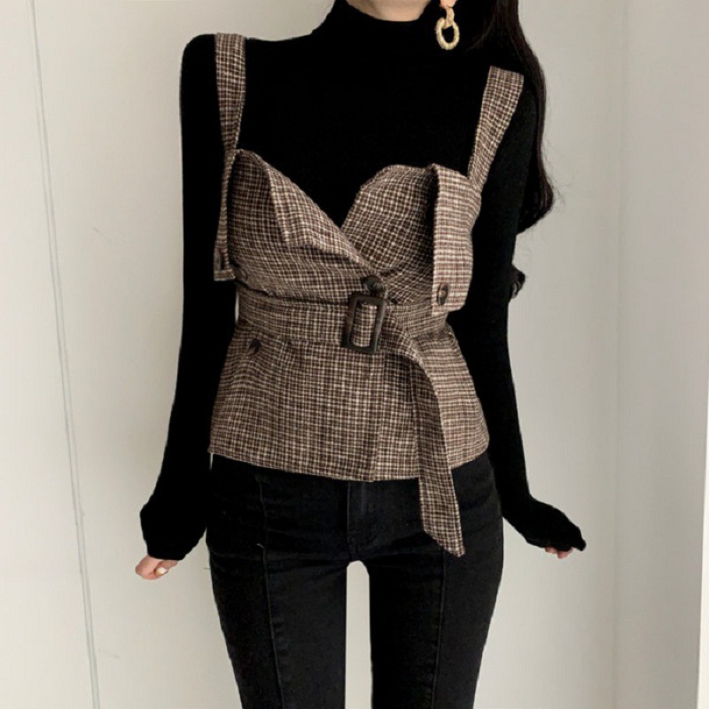 South Korea chic Western style all-match Plaid sling + base two-piece set suit