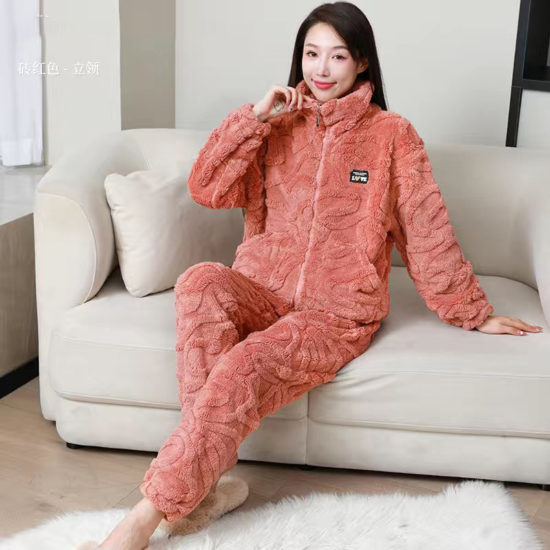 Coral Fleece Pajamas Women's fleece-lined Warm Winter Women's New Long Sleeve suit Thickened Autumn and Winter Home Clothes for Women