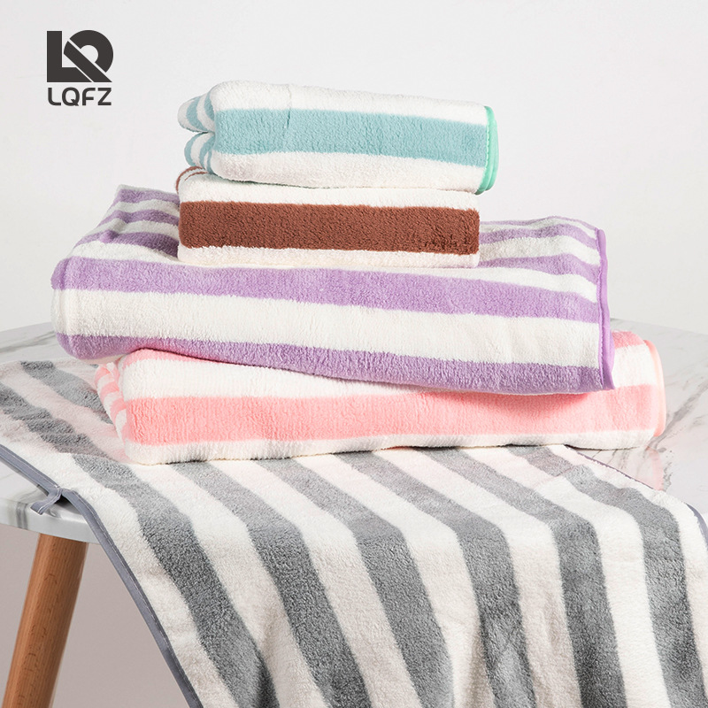 Picture of Towel coral fleece thickened double-sided fleece face towel absorbent edging non-cotton striped dry hair towel wholesale