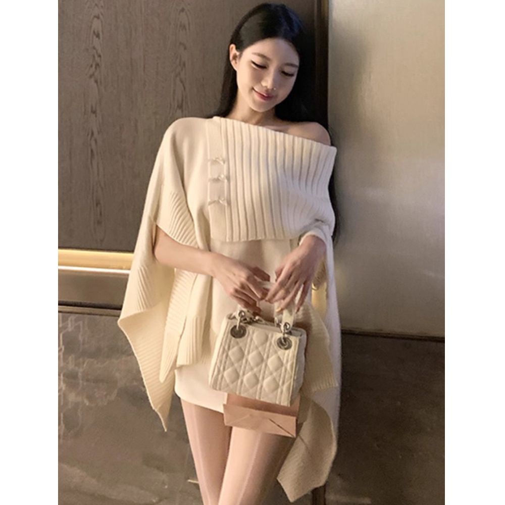 Lazy Style White Cloak Sweater Women's Autumn and Winter New Loose Off-shoulder Knitted Sweater Outerwear Blouse Coat Top