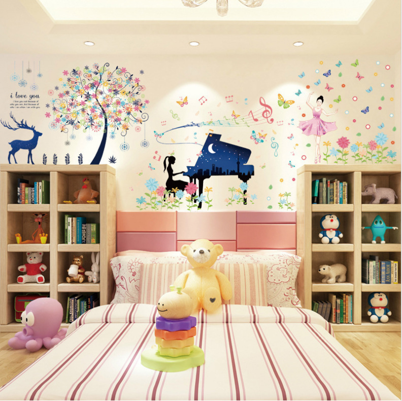 New Cross Border Piano Girl Dance Girl Star Deer Wall Sticker Living Room Bedroom Removable Combination Wall Sticker