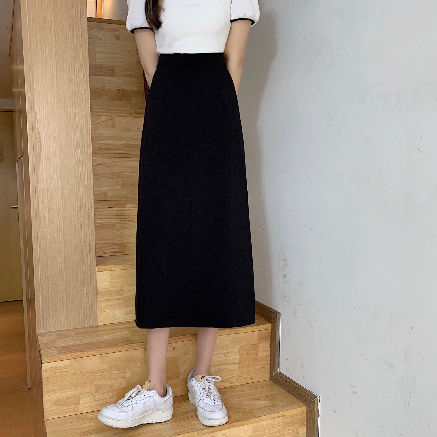 Picture of Plus Size Spring, Summer and Autumn Fat mm High-Waisted Suit Skirt for Women A-Line Slimming Look Design Slit Covering Crotch Black Skirt