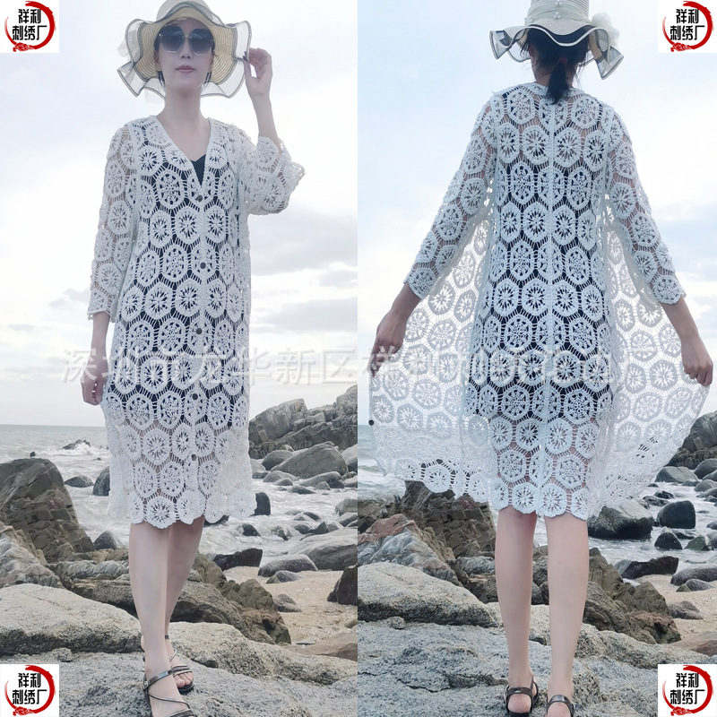 Picture of European and American style women's knitted vest long-sleeved cardigan dress shawl women's heavy work crocheted hollow retro long beach shirt