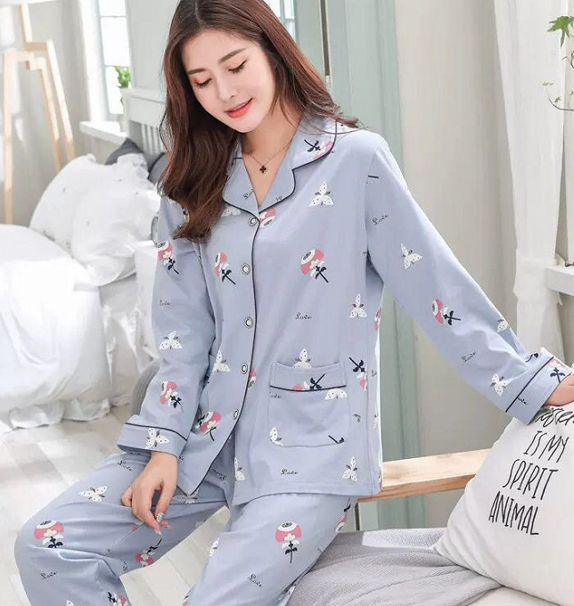 Picture of 100% Pure Cotton Pajamas Women's Long Sleeve Women's Spring and Autumn Cardigan Lapel Pajamas Outwear Winter Home Suit