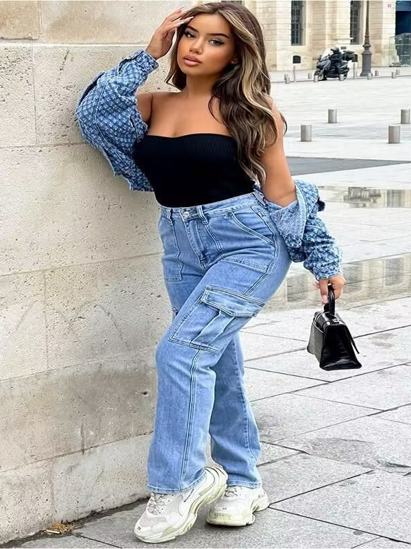 Picture of Foreign Trade Work Jeans for Women 2024 Spring & Fall New Amazon Ebay Hot Selling Multi-Flap Pocket Pants Wide-Leg Casual Pants