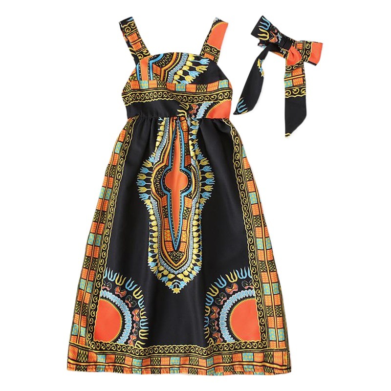 Girls European and American Children African Bohemian Style Sleeveless Strap Long Dress Two-piece Children's Clothing ins