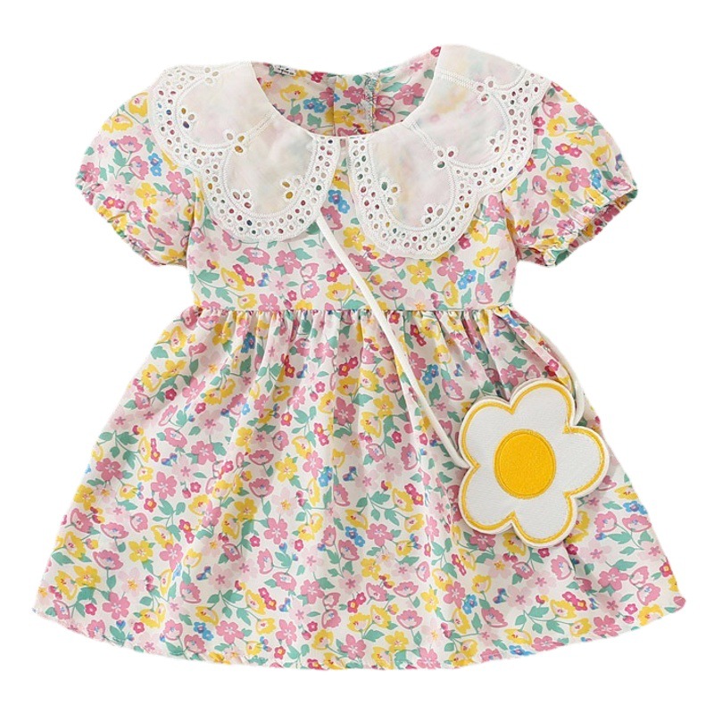New Children's Clothing 2023 Summer Children's Dress Colorful Floral Large Lapel Short Sleeve Girls' Dress with Flower Bag