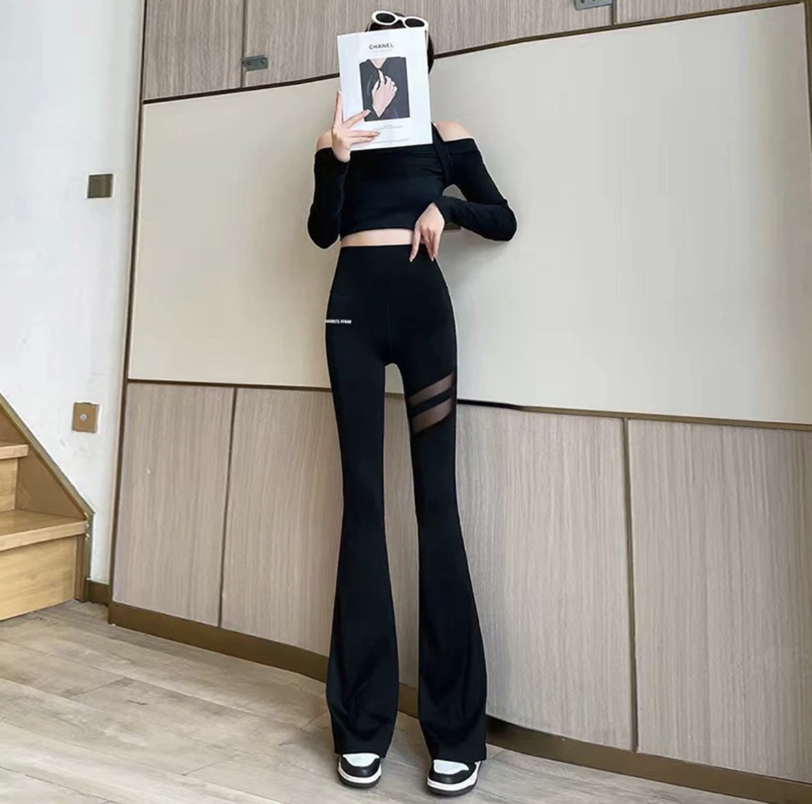 Picture of Pocket shark pants new women's mesh lace wide-leg high waist high elasticity slimming flared pants casual yoga pants