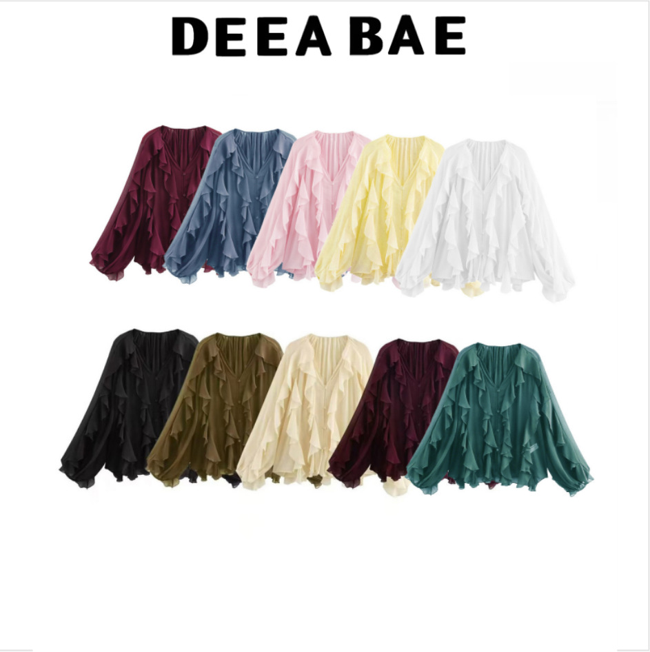 DEEABAE 2025 spring new women's multi-color laminated decorative fashion V-neck long sleeve shirt 4786063