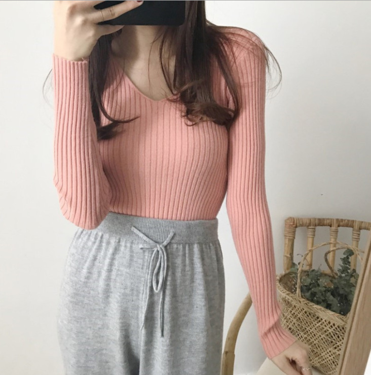 Picture of 2024 Korean Style V Neck Core-Spun Yarn Slimming Look Knitted Long-Sleeved Slim Tight Warm Bottoming Shirt Top Sweater for Women