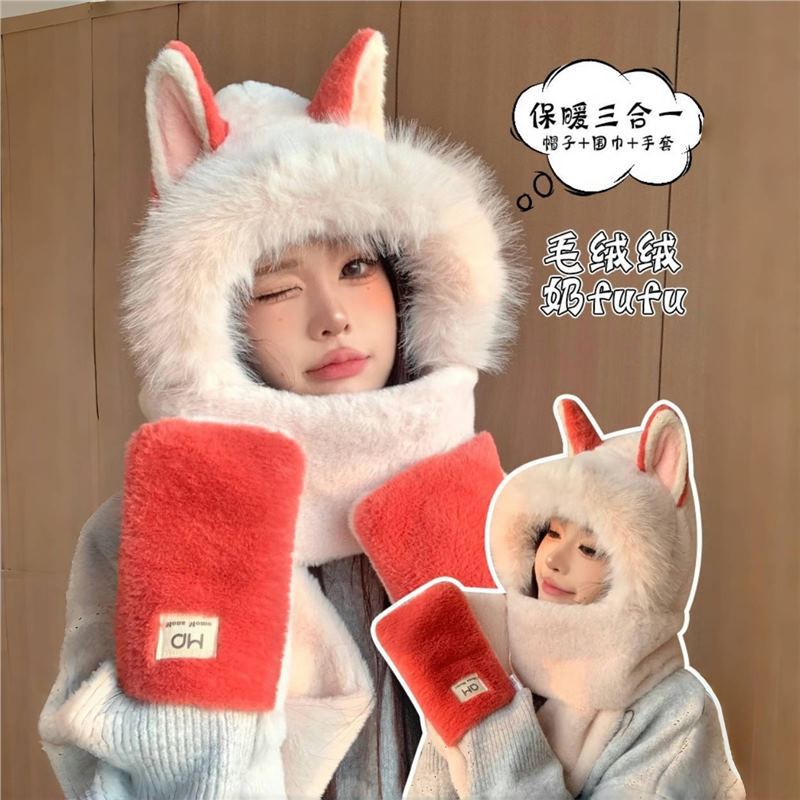 Winter New Fire Fox Plush Hat Scarf Women's Gloves One Three-piece Set Student Cold-proof Warm Thickened