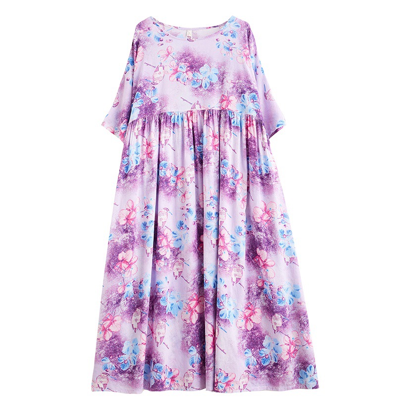 2023 Summer New Artistic Retro Age-reducing Loose A- line Skirt Short-sleeved Printed Belly-covering Slimming Dress