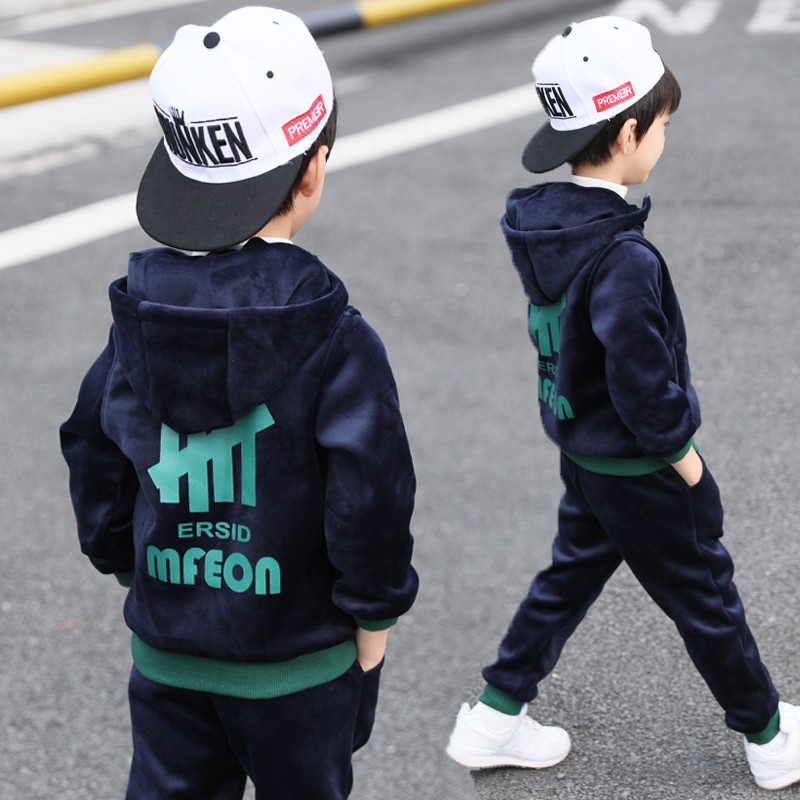 Autumn and Winter fleece-lined thickened warm loose casual suit boys' zipper cardigan hooded sweater sweatpants two-piece set