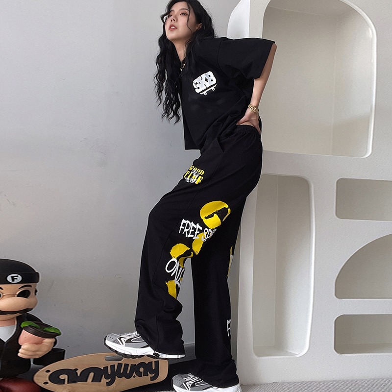 Picture of 2024 New Arrival Yellow Letter Black Trousers Women's All-Match Hip-Hop Hiphop Jazz Hip-Hop Loose Wide-Leg Pants Casual