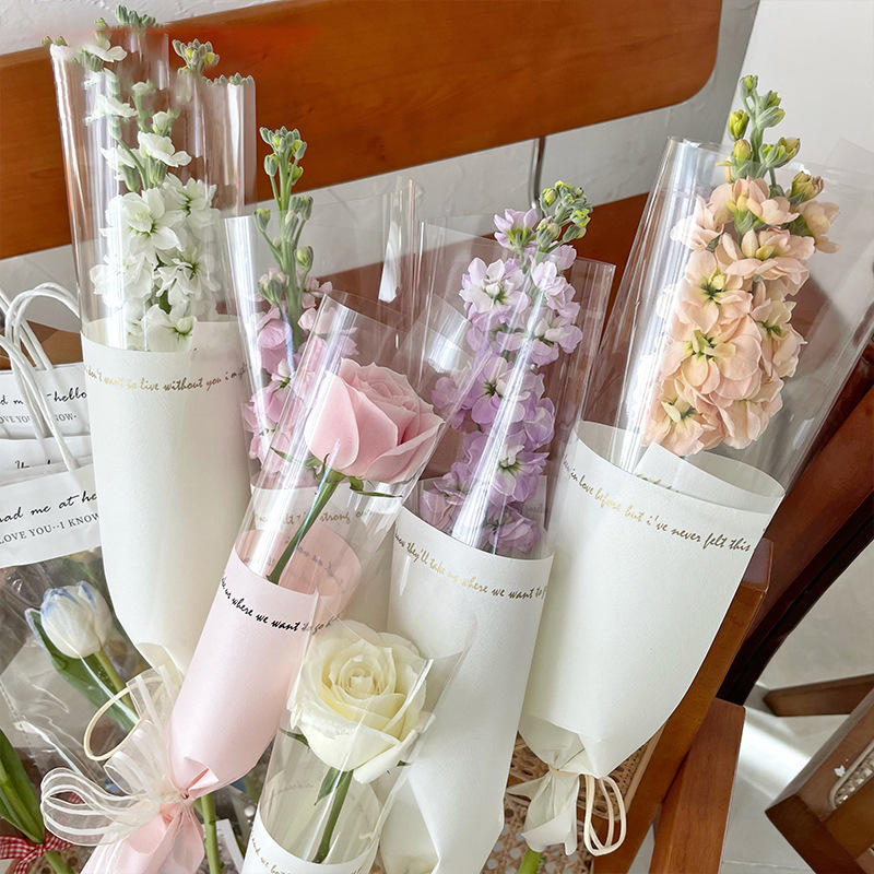 Cross-Border Single Bouquet Wrapping Paper Transparent Single Goddess Single Flower Wrapping Paper Bag English Floral Materials
