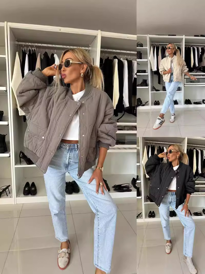 Cross-border foreign trade European and American women's clothing Amazon AliExpress 2024 winter solid color long sleeve casual button coat cotton-padded jacket