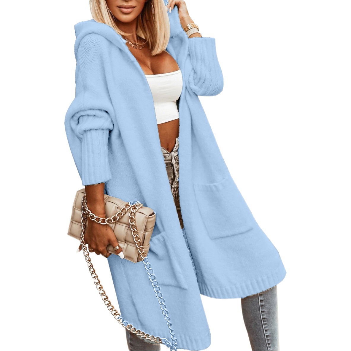 Cross-border New European and American Women's Hooded Solid Color Mid-length Sweater Fashion Casual Pocket Long Sleeve Coat Jacket