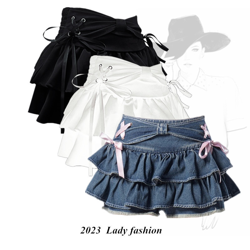 Girl Doll Blue Denim Pleated Skirt Spice Girl Character Slimming Skirt Design Sense Skirt Pants