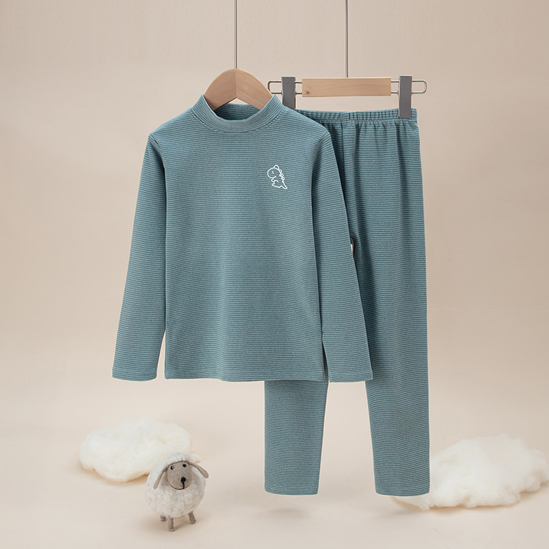 Picture of Children's double-sided brushed plush Long Johns boys and girls winter thermal underwear suit mid-collar bottoming striped pajamas