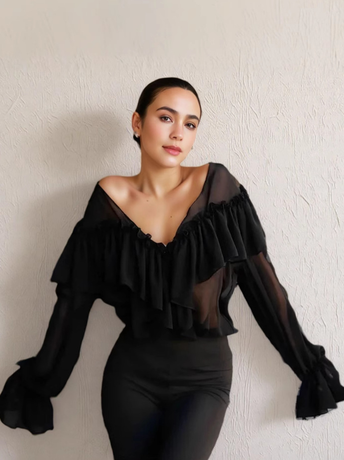 Cross-border Europe and America Amazon Foreign Trade 2025 Summer V-neck Chiffon Shirt Sexy Perspective Beach Blouse Long Sleeve Top