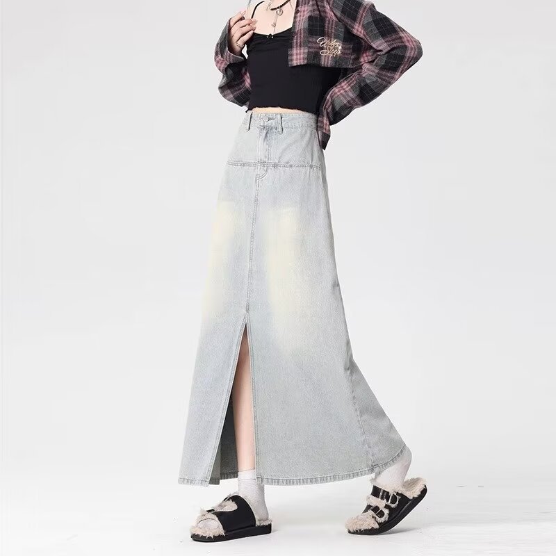 light blue Denim Skirt A- Line Skirt Women's Long Summer New Vibe All-Match High Waist Hip Split Skirt