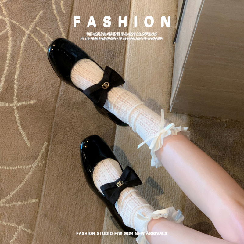 Genuine Leather Goatskin Version Princess Shoes with Bow Mid-Heel Mary Jane Xiaoxiang Outsole Thick Heel Flats for Women Retro Style