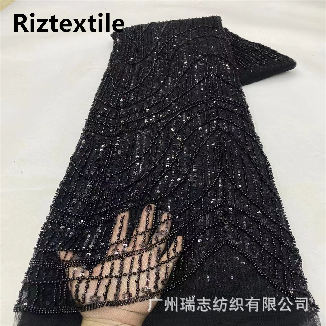 Picture of Cross-border in stock geometric pattern European and American black three-dimensional handmade bead sequin dress dress wedding embroidered fabric