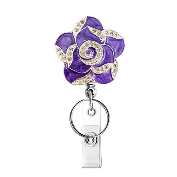 Picture of Silver Electroplating easy pull buckle metal color rhinestone drop oil rose Camellia retractable buckle easy pull ID buckle