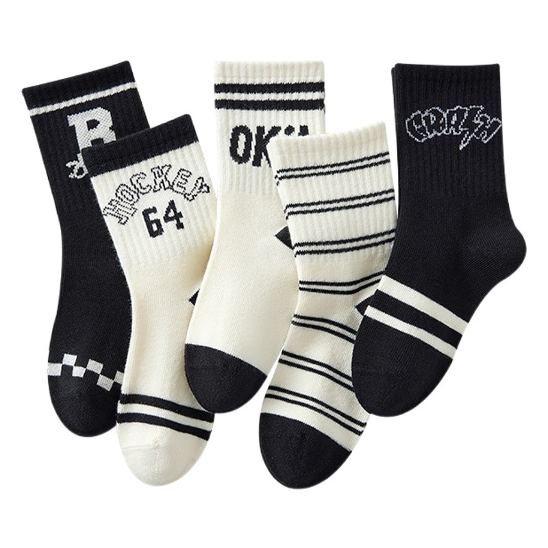 Boneless Children's Socks Boys Autumn College Style Striped Mid-Calf Socks Black and White Letters Children's Sports Trendy Socks Wholesale