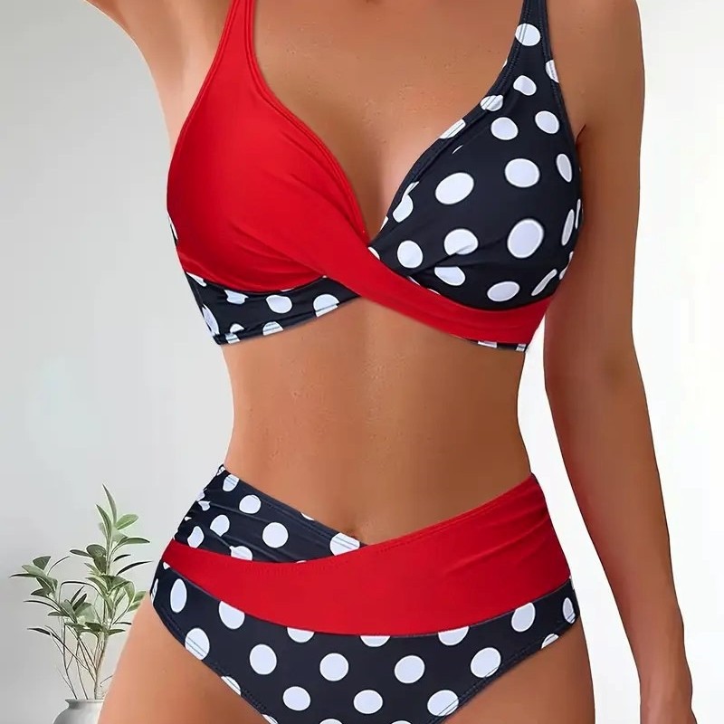 2025 European and American Export Cross-Border New Color-Blocked Polka-Dot Cross Backless Sexy Split Swimsuit Bikini Women's Suit