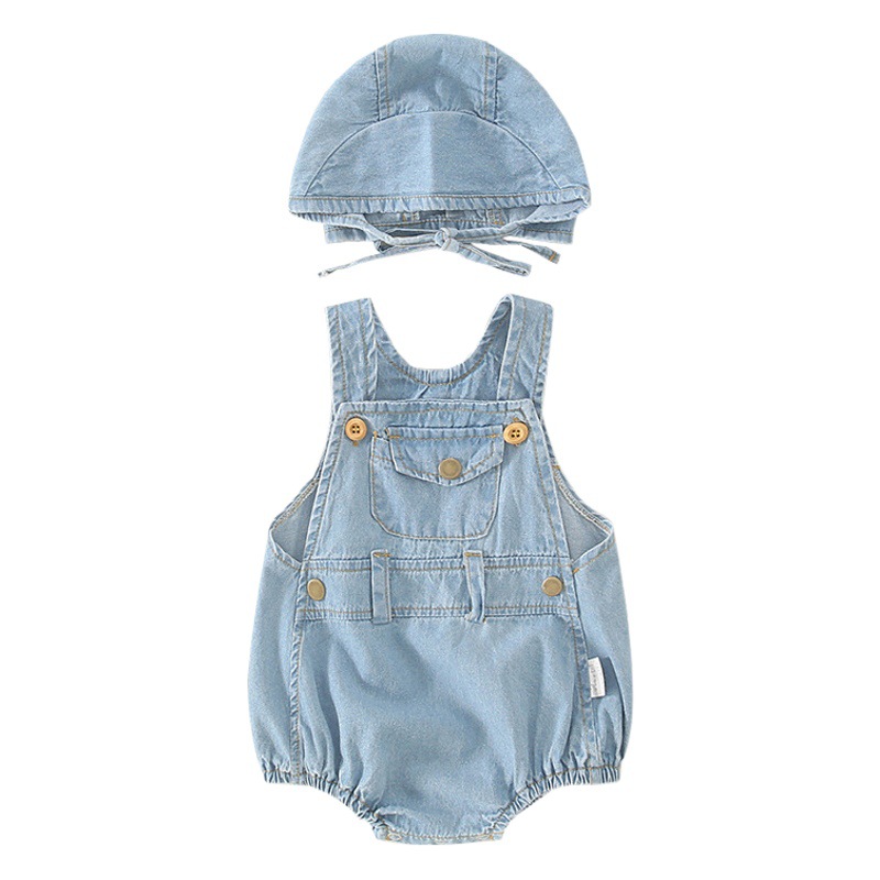 Picture of ins Summer Baby Boys and Girls Baby Light Denim Hat Two-Piece Triangle Climbing Suit
